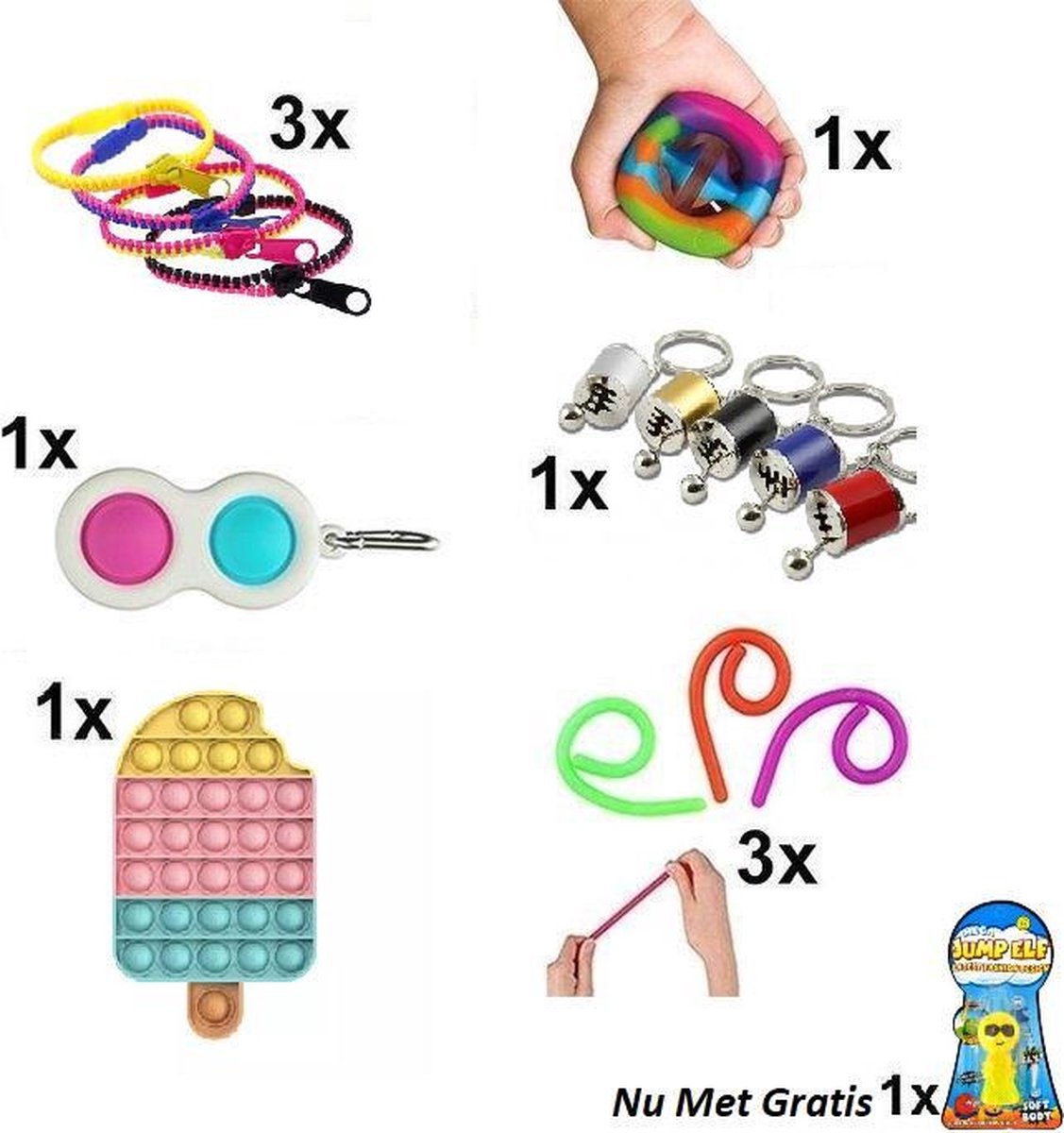 Fidget Toys Pakket - Set met 10 verschillende Fidget Toys: Fidget Zipper Rits , Simple Dimple, Pop It Fidget IJS , Fidget Auto Schakelpook , Monkey Noodles, Snapperz Rainbow // Gratis Jump Elf !