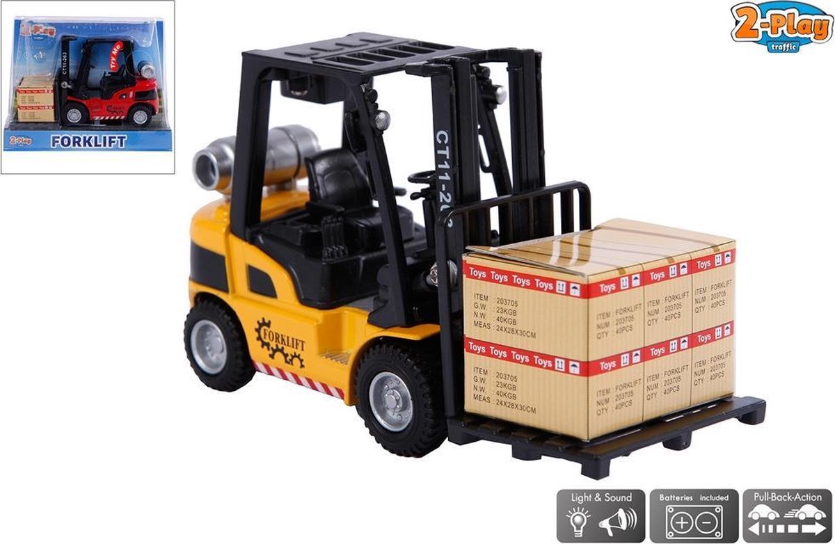 2-Play Traffic Diecast Pull-Back Heftruck met Pallet+Doos en Licht+Geluid Assorti