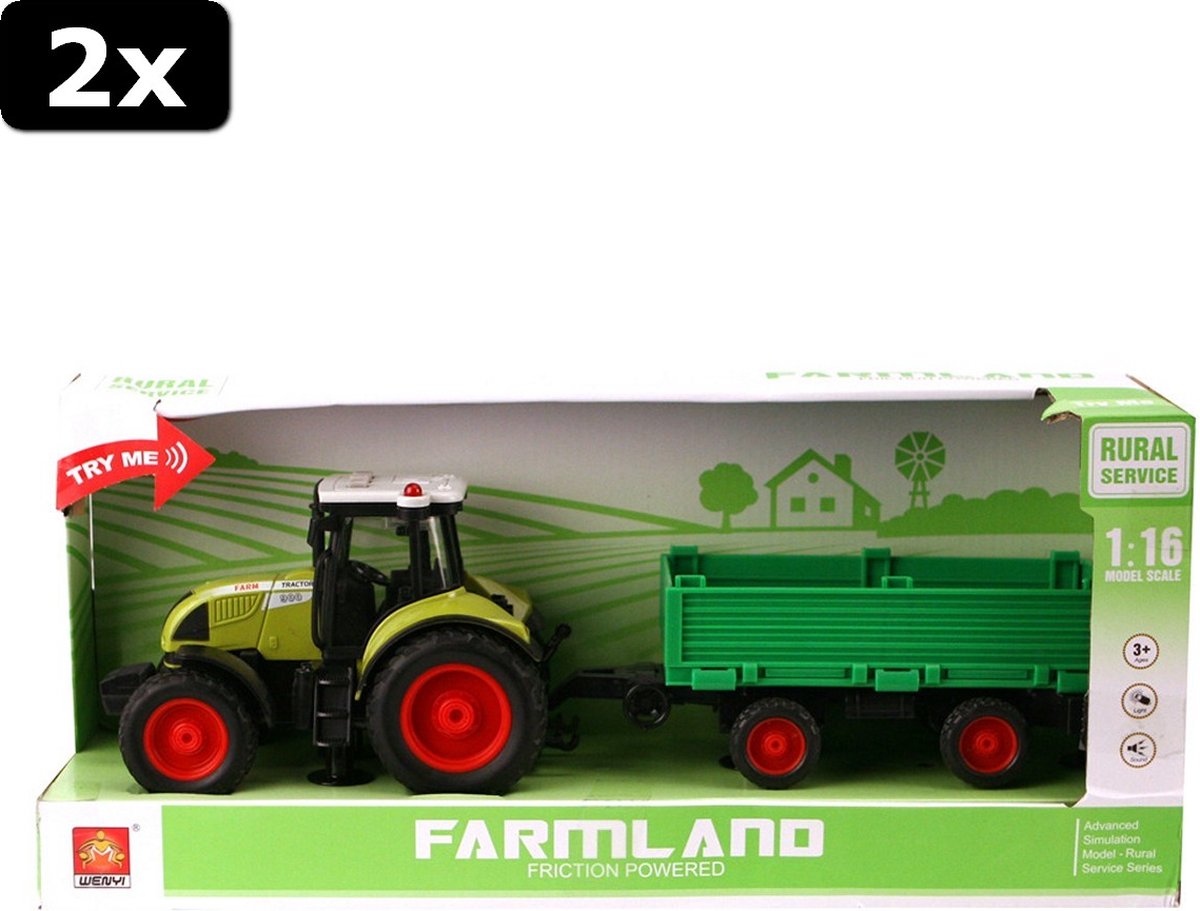 2x Wenyi Farmland Tractor + Aanhanger met Licht en Geluid 1:16 Groen