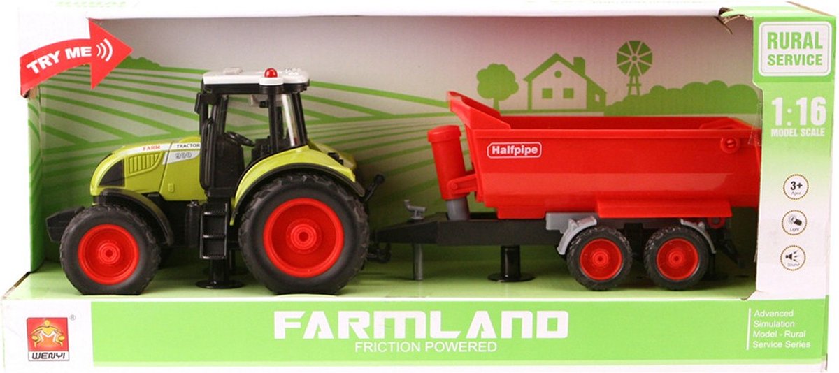 Wenyi Farmland Tractor + Aanhanger met Licht en Geluid 1:16 Rood