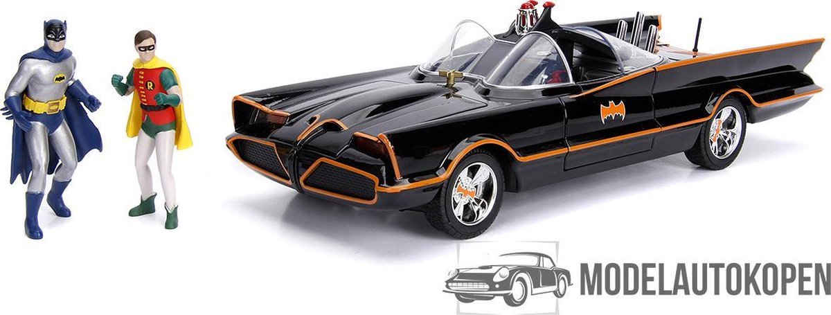 1966 Batmobile met Batman & Robin figuren - Inclusief verlichting (Zwart) 1/18 Jada - Modelauto - Schaalmodel - Model auto - Miniatuurautos - Miniatuur auto