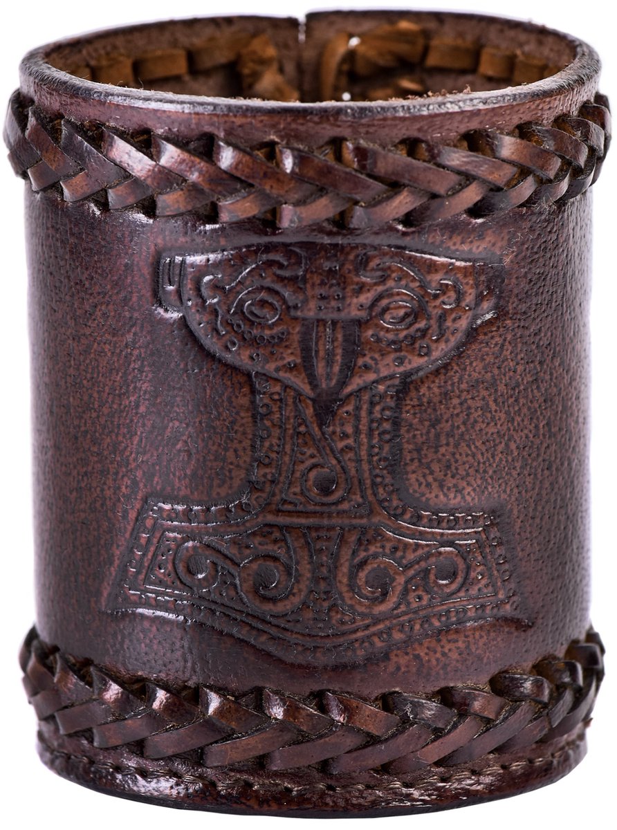Viking Dice Shaker – Handgemaakt Leren   voor D&D, LARP & Bordspellen - Donkerbruin - Mjolnir beker