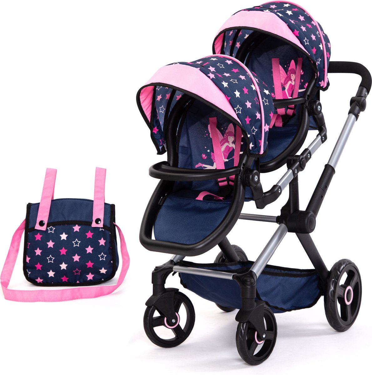   - Tweeling poppenwagen Twin Xeo, wagen, verstelbare handgreep, tas, blauw, roze, sterren