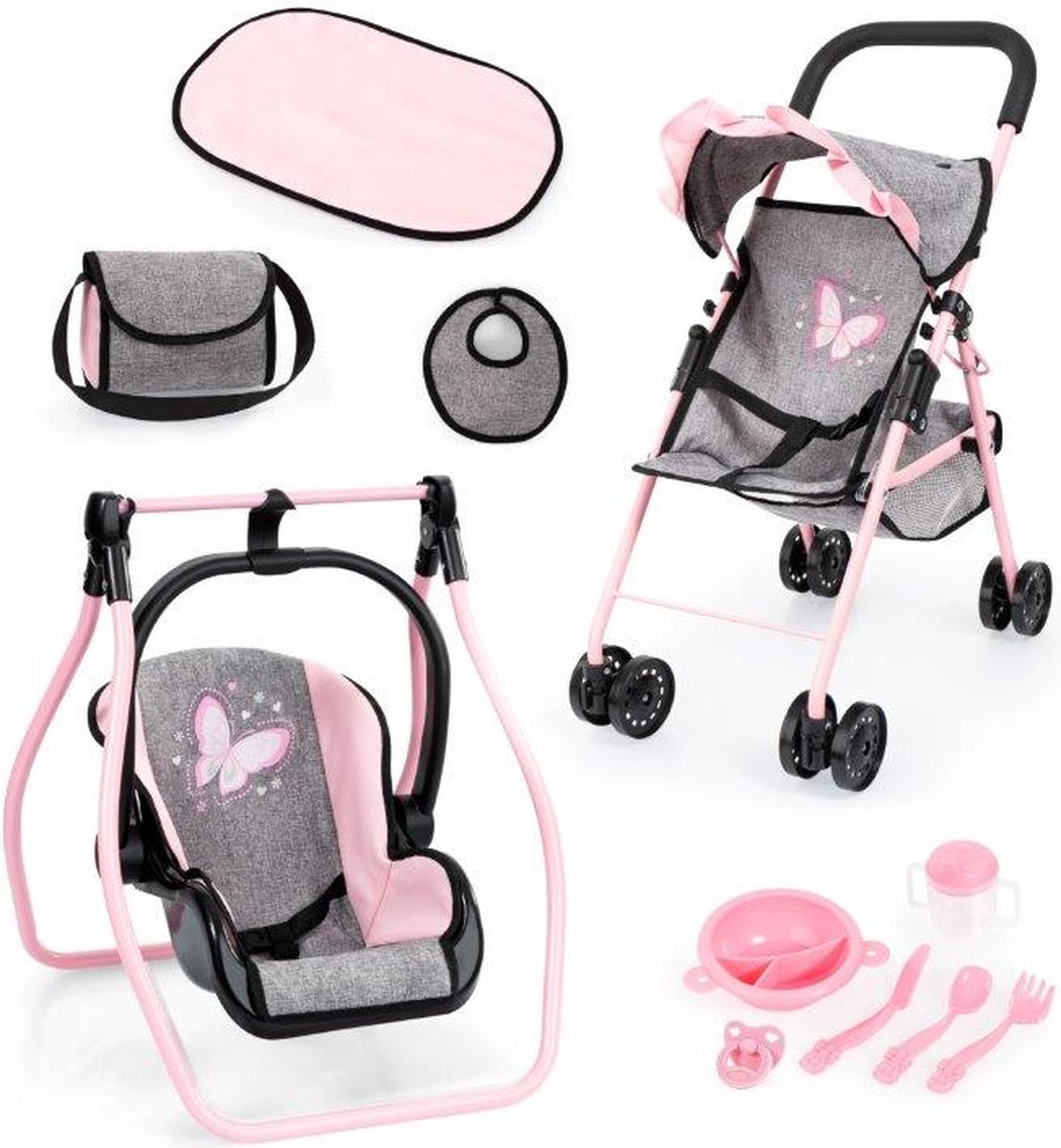   Opvouwbare poppenbuggy, poppenwagen, dubbele wielen, tas, aankleedkussen, wieg, accessoires in jeans-grijs, roze