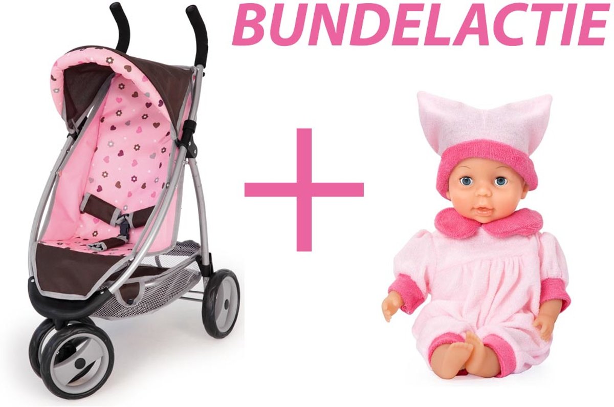 Poppenbuggy deluxe roze met pop