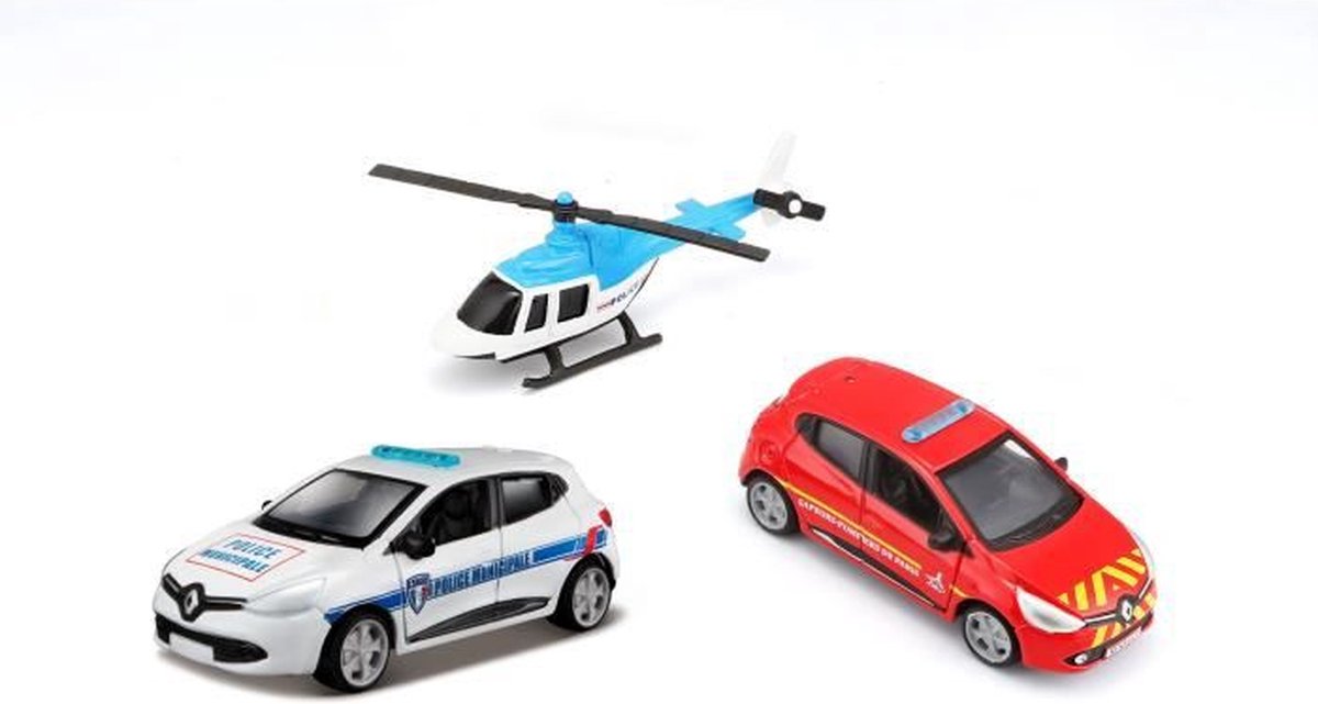 1/64 BBURAGO - Set van 3 voertuigen - Helikopter + Brandweerwagen + Politiewagen