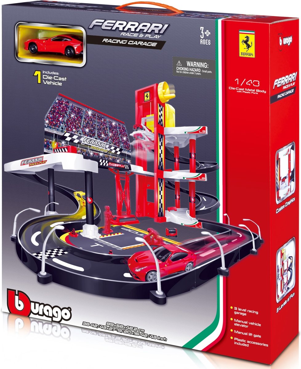 Bburago Race & Play Garageset Met Ferrari F12 1:43 Rood