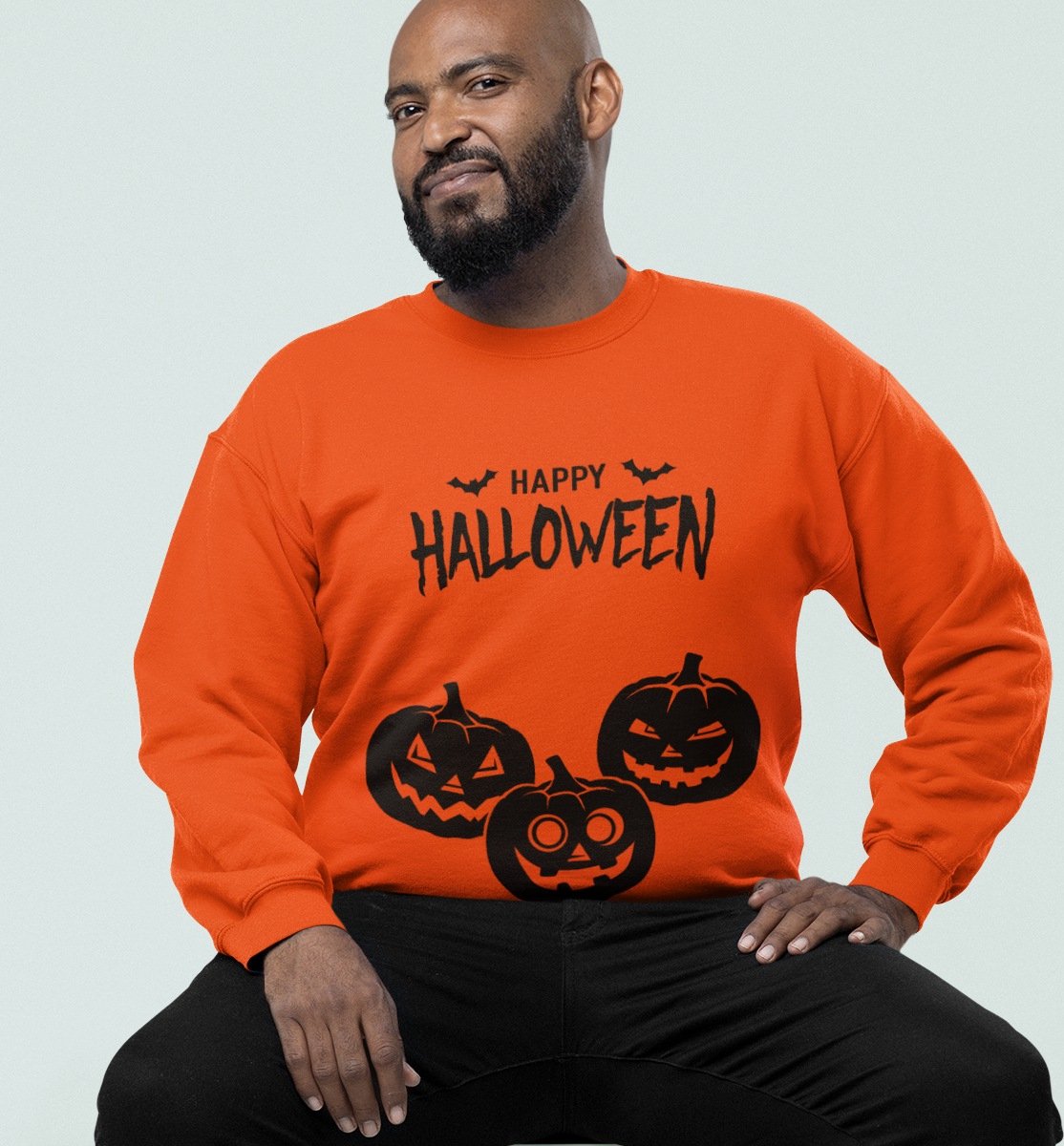 Halloween Trui - Happy Halloween Pumpkins Oranje (MAAT 3XL - UNISEKS FIT) - Halloween kostuum voor volwassenen - Dames & Heren