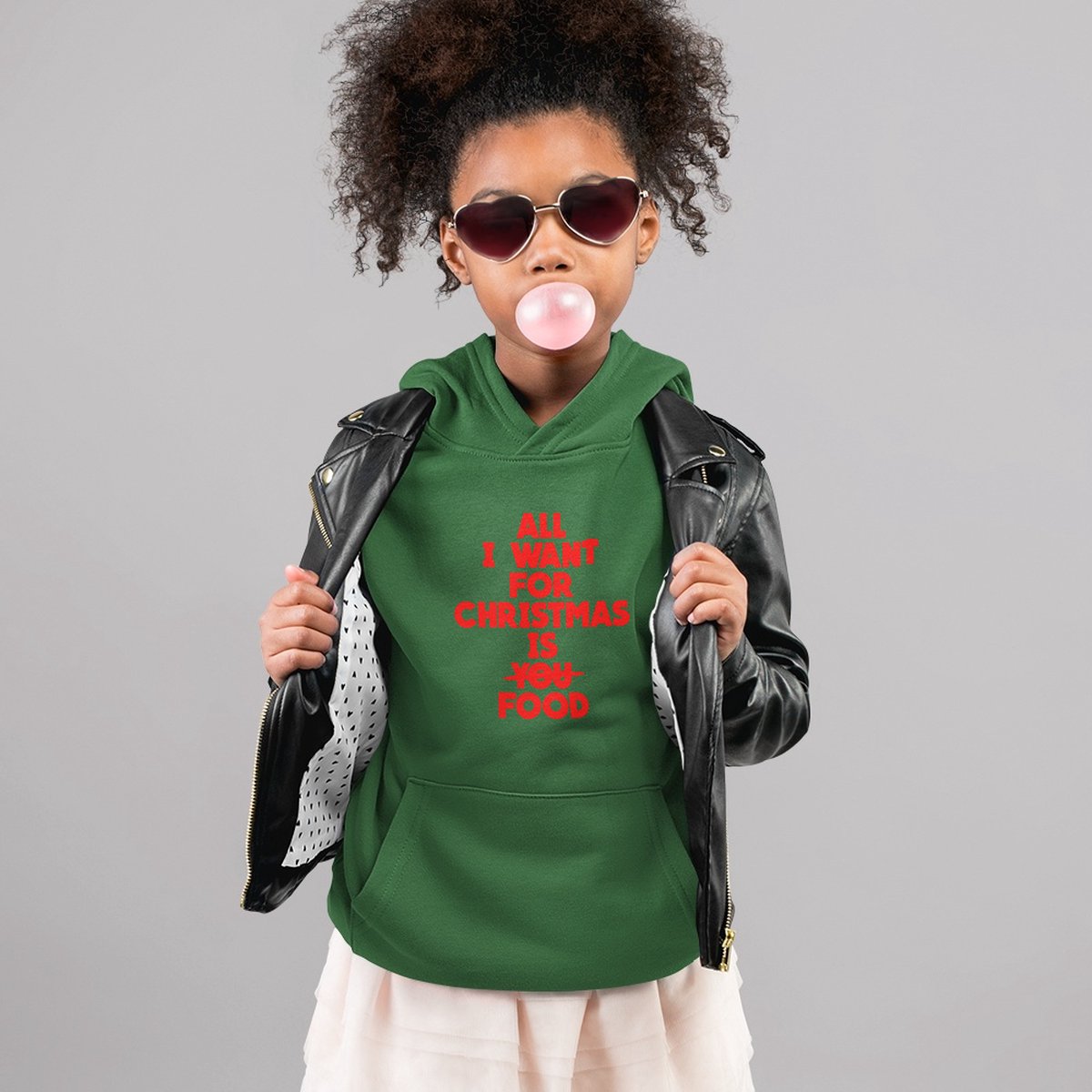 Kerst Hoodie Groen Kind - All I Want For Christmas Is Food Red (12-14 jaar - MAAT 158/164) - Kerstkleding voor jongens & meisjes