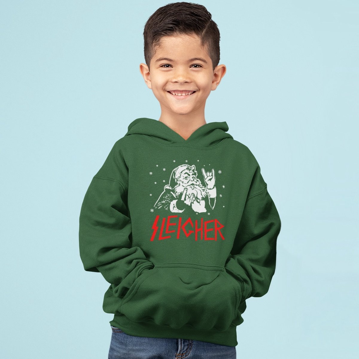 Kerst Hoodie Groen Kind - Sleigher (3-4 jaar - MAAT 98/104) - Kerstkleding voor jongens & meisjes