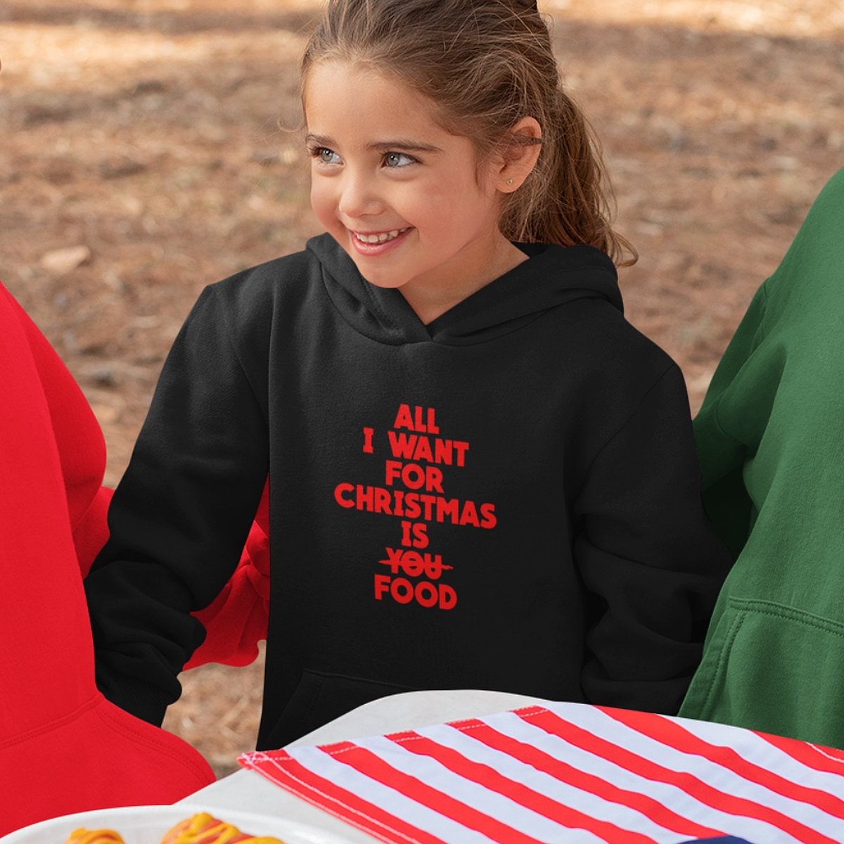 Kerst Hoodie Zwart Kind - All I Want For Christmas Is Food Red (7-8 jaar - MAAT 122/128) - Kerstkleding voor jongens & meisjes