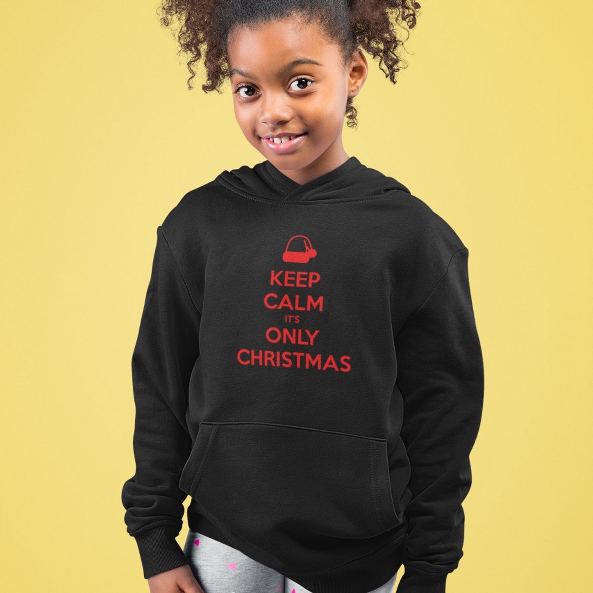 Kerst Hoodie Zwart Kind - Keep Calm Its Only Christmas Red (5-6 jaar - MAAT 110/116) - Kerstkleding voor jongens & meisjes
