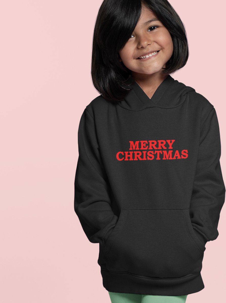 Kerst Hoodie Zwart Kind - Merry Christmas Red (5-6 jaar - MAAT 110/116) - Kerstkleding voor jongens & meisjes