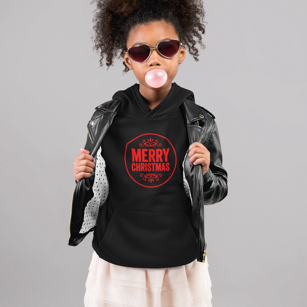 Kerst Hoodie Zwart Kind - Merry Christmas Round (7-8 jaar - MAAT 122/128) - Kerstkleding voor jongens & meisjes