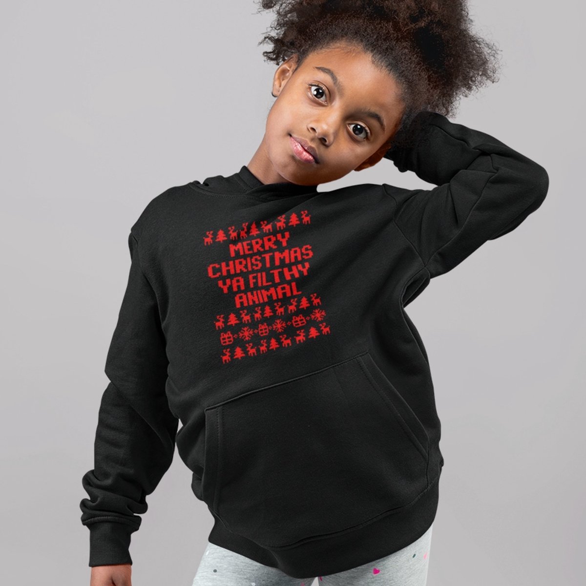 Kerst Hoodie Zwart Kind - Merry Christmas Ya Filthy Animal Red (5-6 jaar - MAAT 110/116) - Kerstkleding voor jongens & meisjes