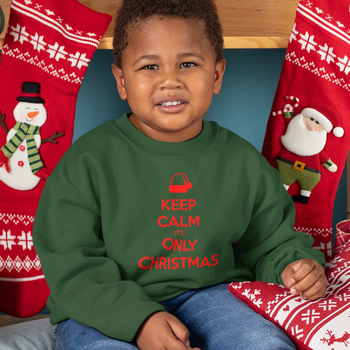 Kersttrui Groen Kind - Keep Calm Its Only Christmas Red (12-14 jaar - MAAT 158/164) - Kerstkleding voor jongens & meisjes