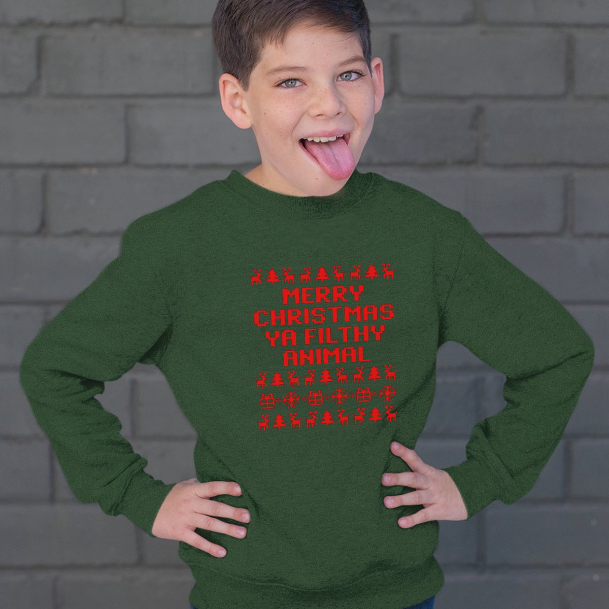 Kersttrui Groen Kind - Merry Christmas Ya Filthy Animal Red (12-14 jaar - MAAT 158/164) - Kerstkleding voor jongens & meisjes