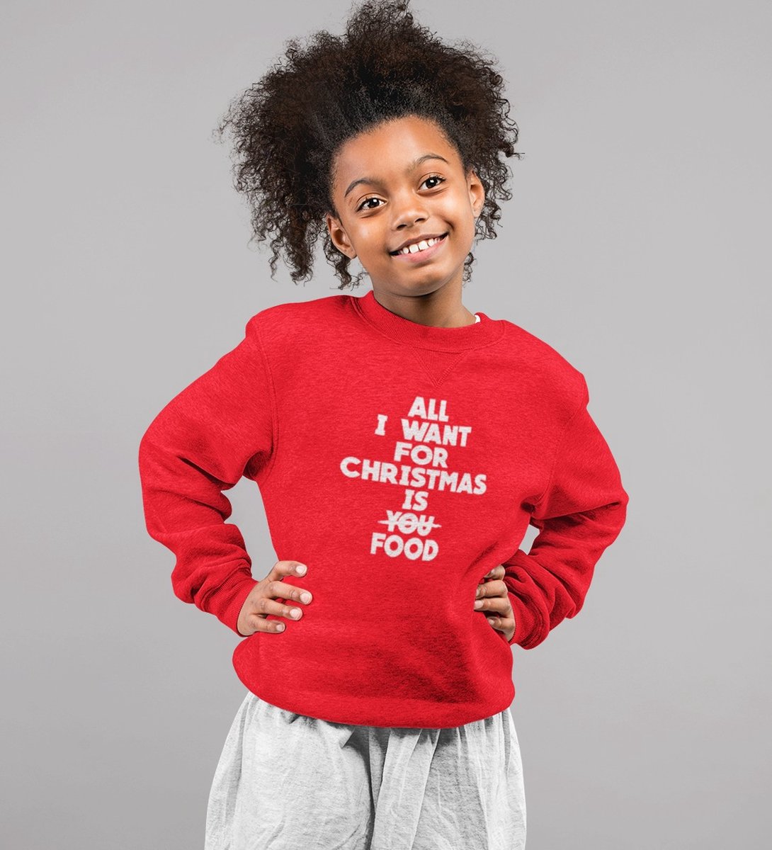 Kersttrui Rood Kind - All I Want For Christmas Is Food (12-14 jaar - MAAT 158/164) - Kerstkleding voor jongens & meisjes