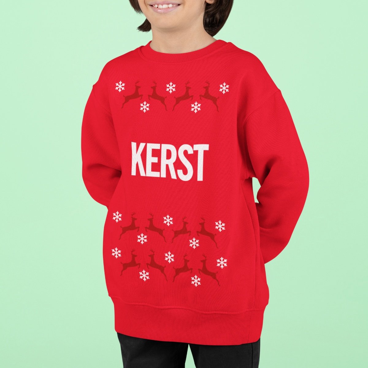 Kersttrui Rood Kind - Kerst Rendieren (12-14 jaar - MAAT 158/164) - Kerstkleding voor jongens & meisjes