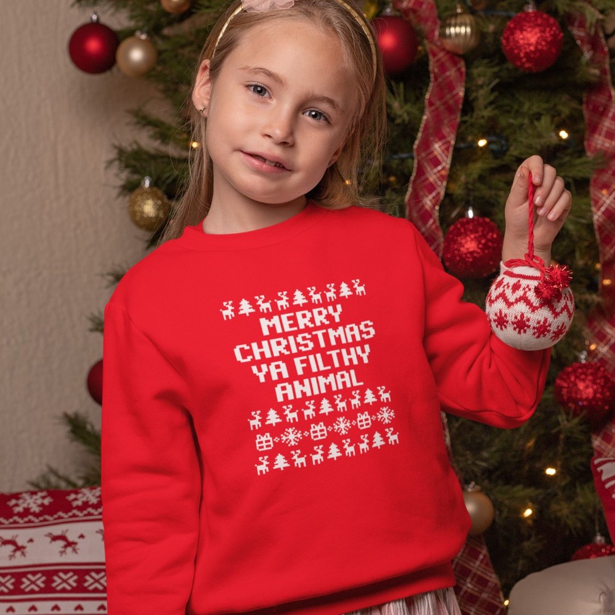 Kersttrui Rood Kind - Merry Christmas Ya Filthy Animal (7-8 jaar - MAAT 122/128) - Kerstkleding voor jongens & meisjes