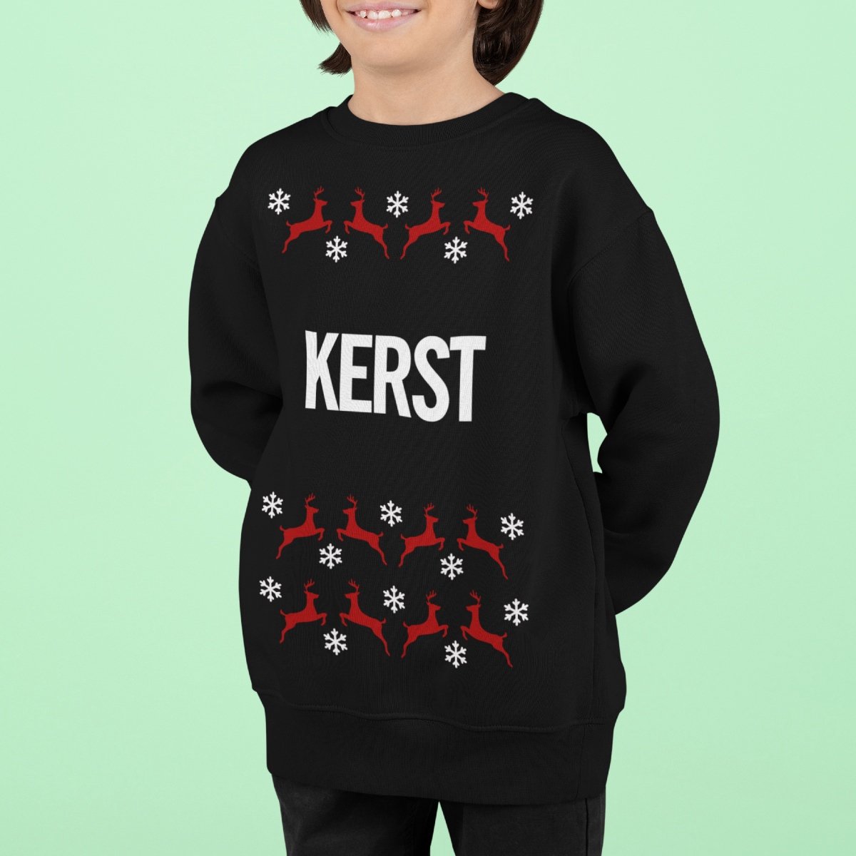 Kersttrui Zwart Kind - Kerst Rendieren (12-14 jaar - MAAT 158/164) - Kerstkleding voor jongens & meisjes