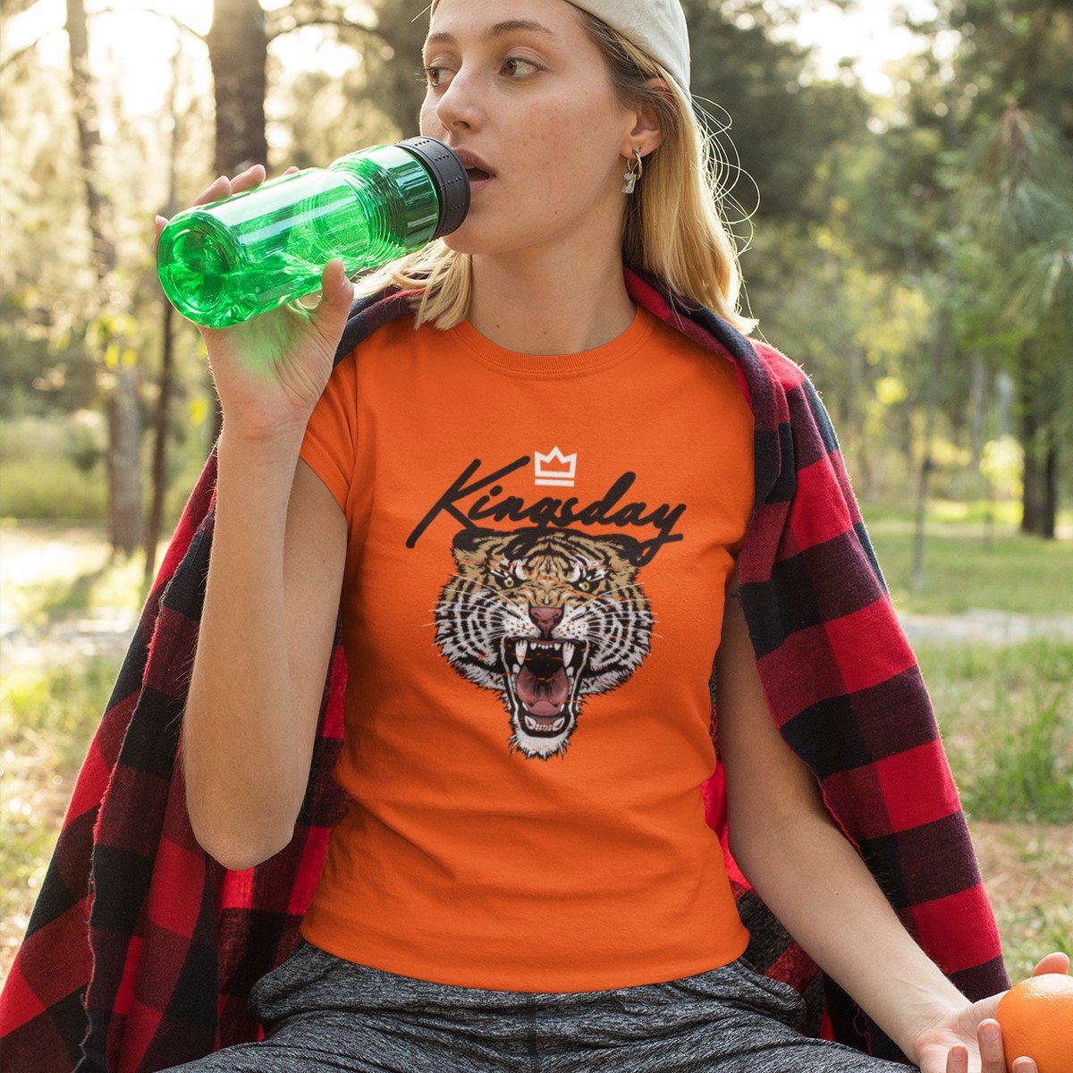 Oranje Koningsdag T-shirt - MAAT L - Dames Pasvorm - Kingsday Crown Tiger