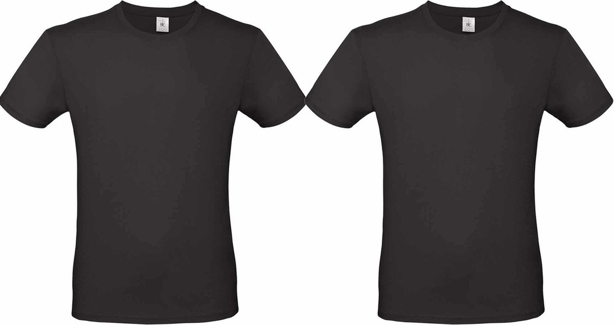 Set van 2x stuks zwart basic t-shirt met ronde hals voor heren - katoen - 145 grams - zwarte shirts / kleding, maat: S (48)