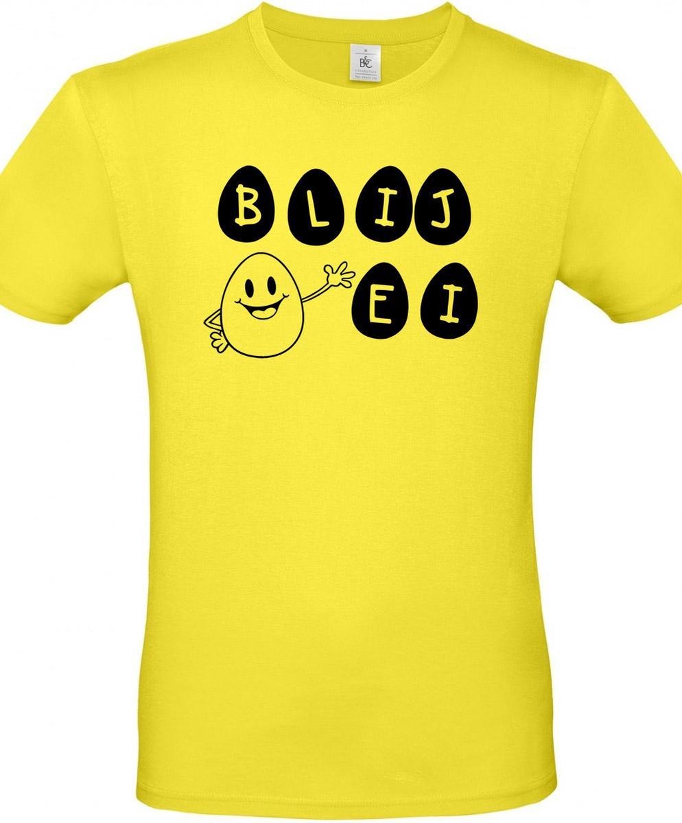 T-shirt met opdruk “Blij Ei” –  Een Geel shirt met zwarte opdruk - Merk B&C – Herojodeals