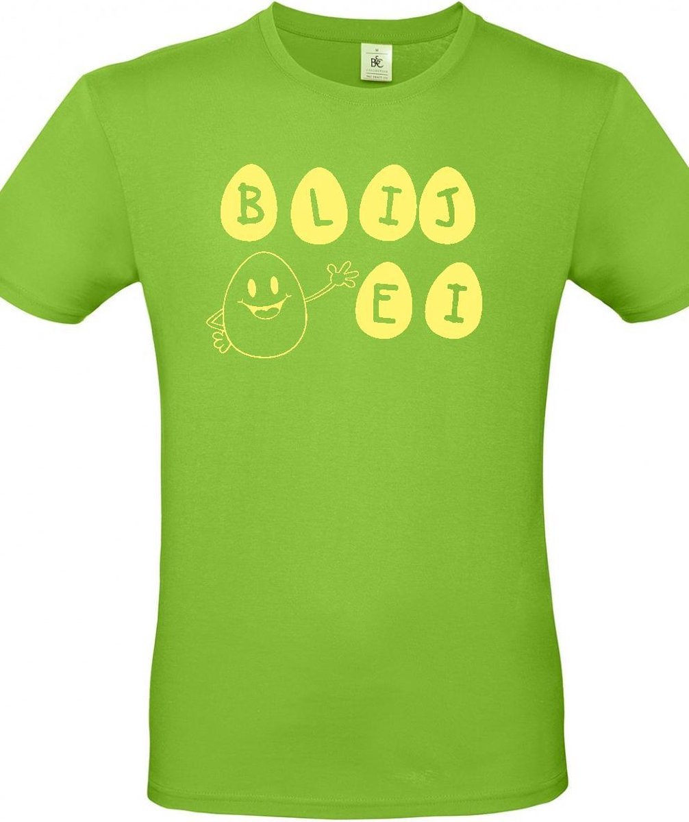 T-shirt met opdruk “Blij Ei” –  Een groen shirt met gele opdruk - Merk B&C – Herojodeals