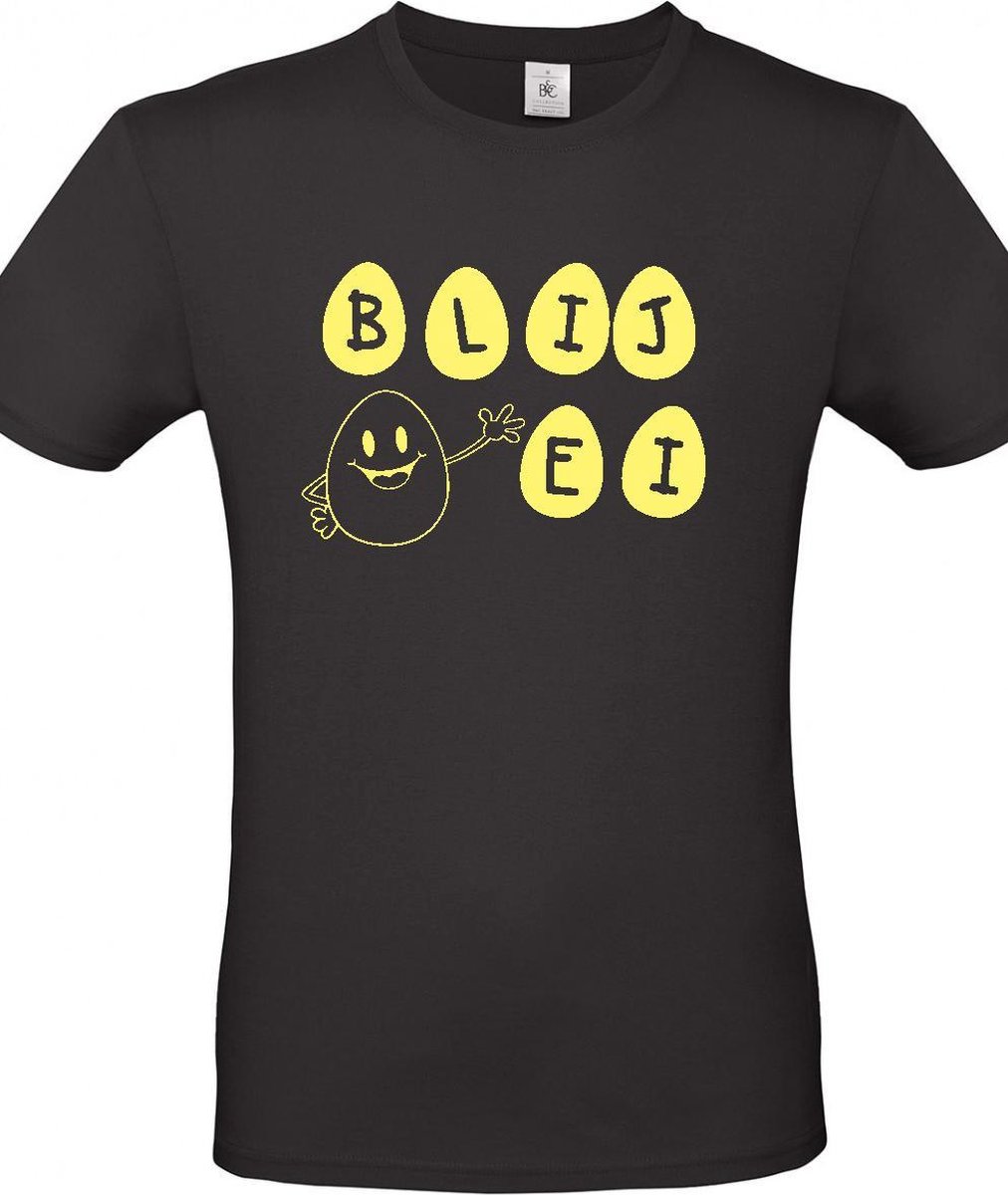 T-shirt met opdruk “Blij Ei” –  Een zwart shirt met gele opdruk - Merk B&C – Herojodeals