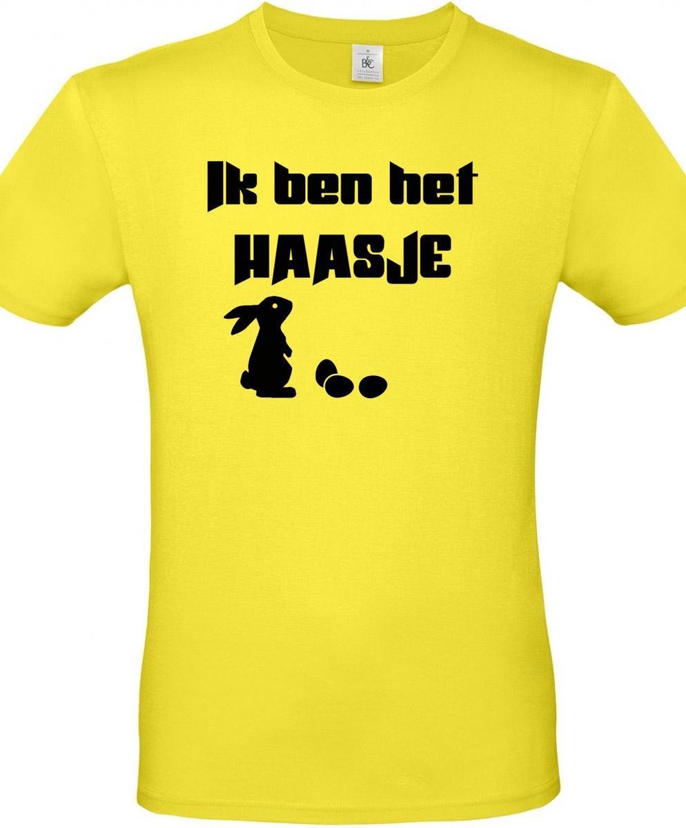 T-shirt met opdruk “Ik ben het haasje” – Geel shirt met zwarte opdruk -  Merk B&C – Herojodeals- Leuk voor Pasen