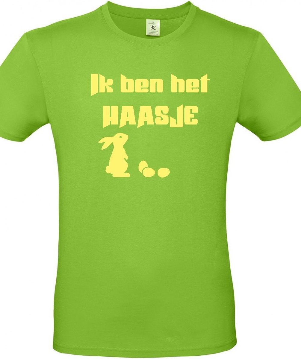 T-shirt met opdruk “Ik ben het haasje” – Groen shirt met gele opdruk -  Merk B&C – Herojodeals- Leuk voor Pasen