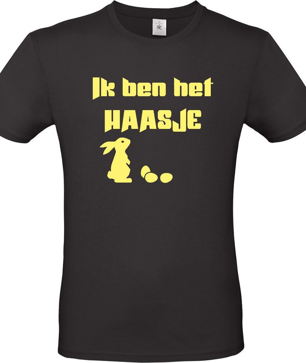 T-shirt met opdruk “Ik ben het haasje” – Zwarte shirt met gele opdruk -  Merk B&C – Herojodeals- Leuk voor Pasen