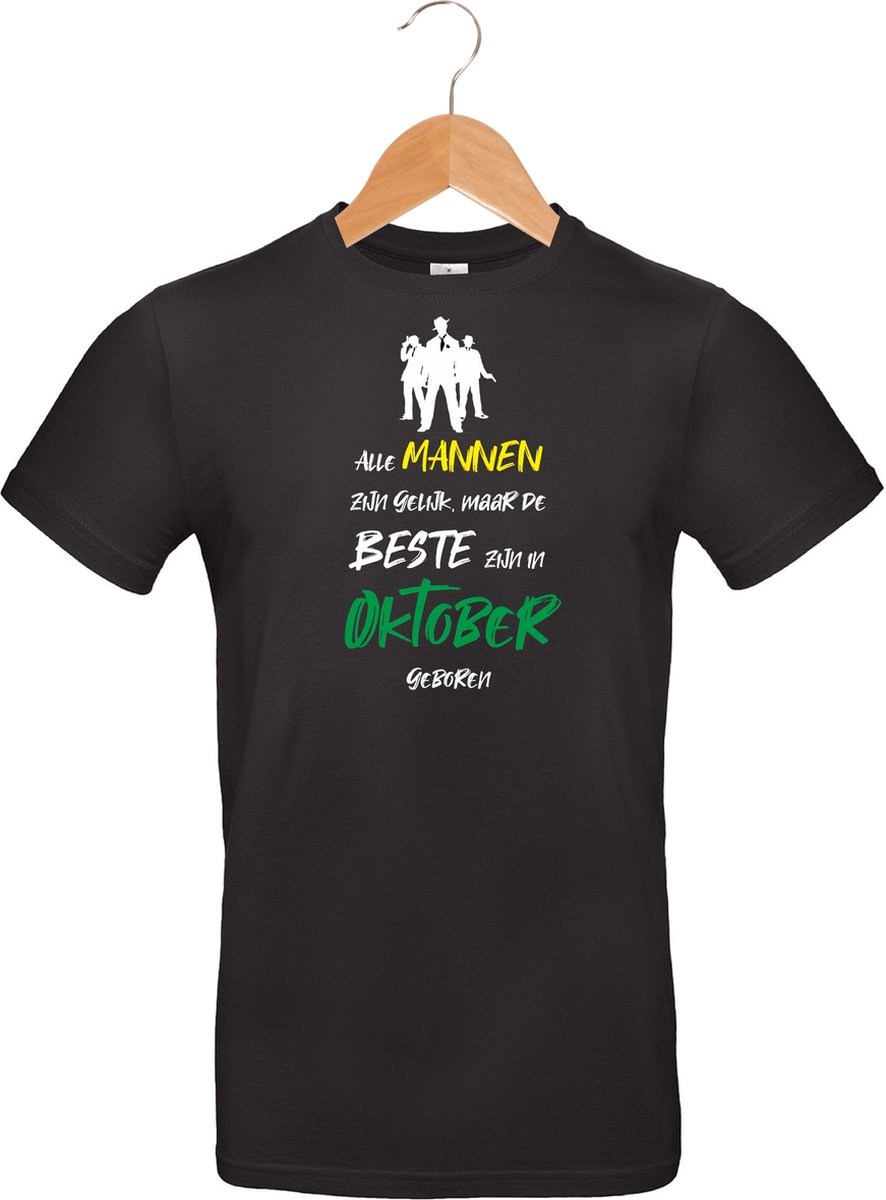 mijncadeautje - mannen t-shirt - zwart - opdruk kleur -  alle mannen zijn gelijk - oktober  - maat L