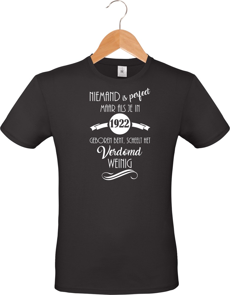 mijncadeautje - unisex T-shirt - zwart - Niemand is perfect - geboortejaar 1922 - maat XL