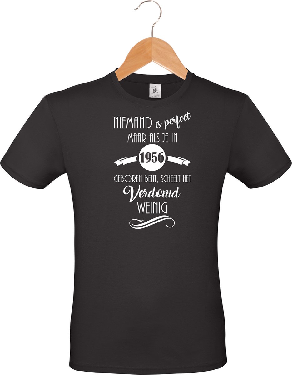 mijncadeautje - unisex T-shirt - zwart - Niemand is perfect - geboortejaar 1956 - maat S