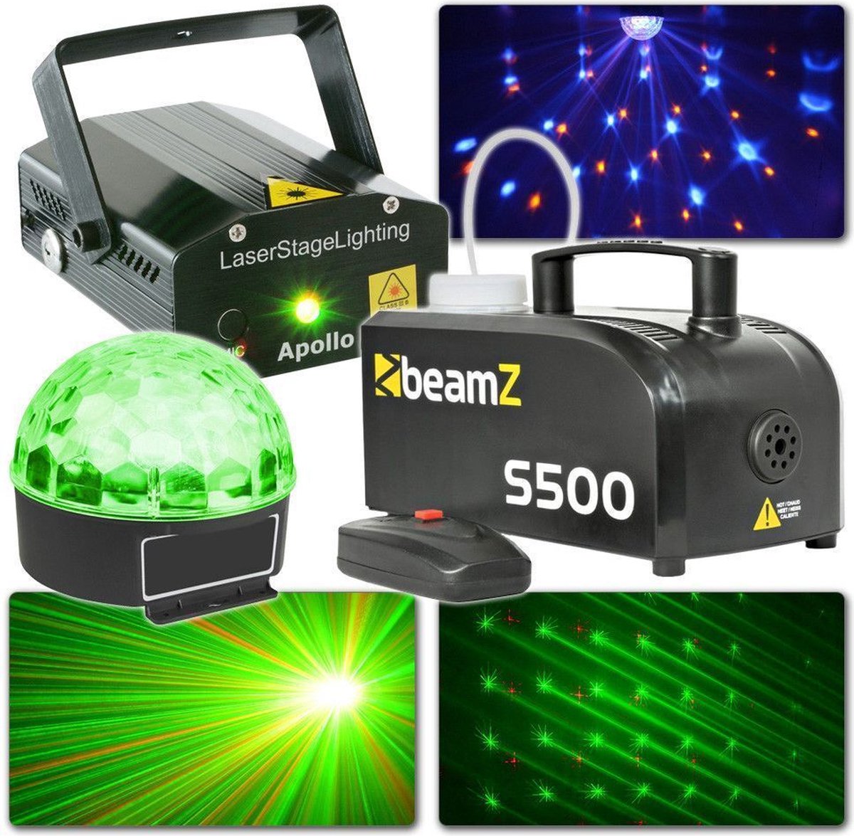 Complete lichtset - BeamZ plug and play lichtset met laser, LED lichteffect en rookmachine voor een geslaagd feest