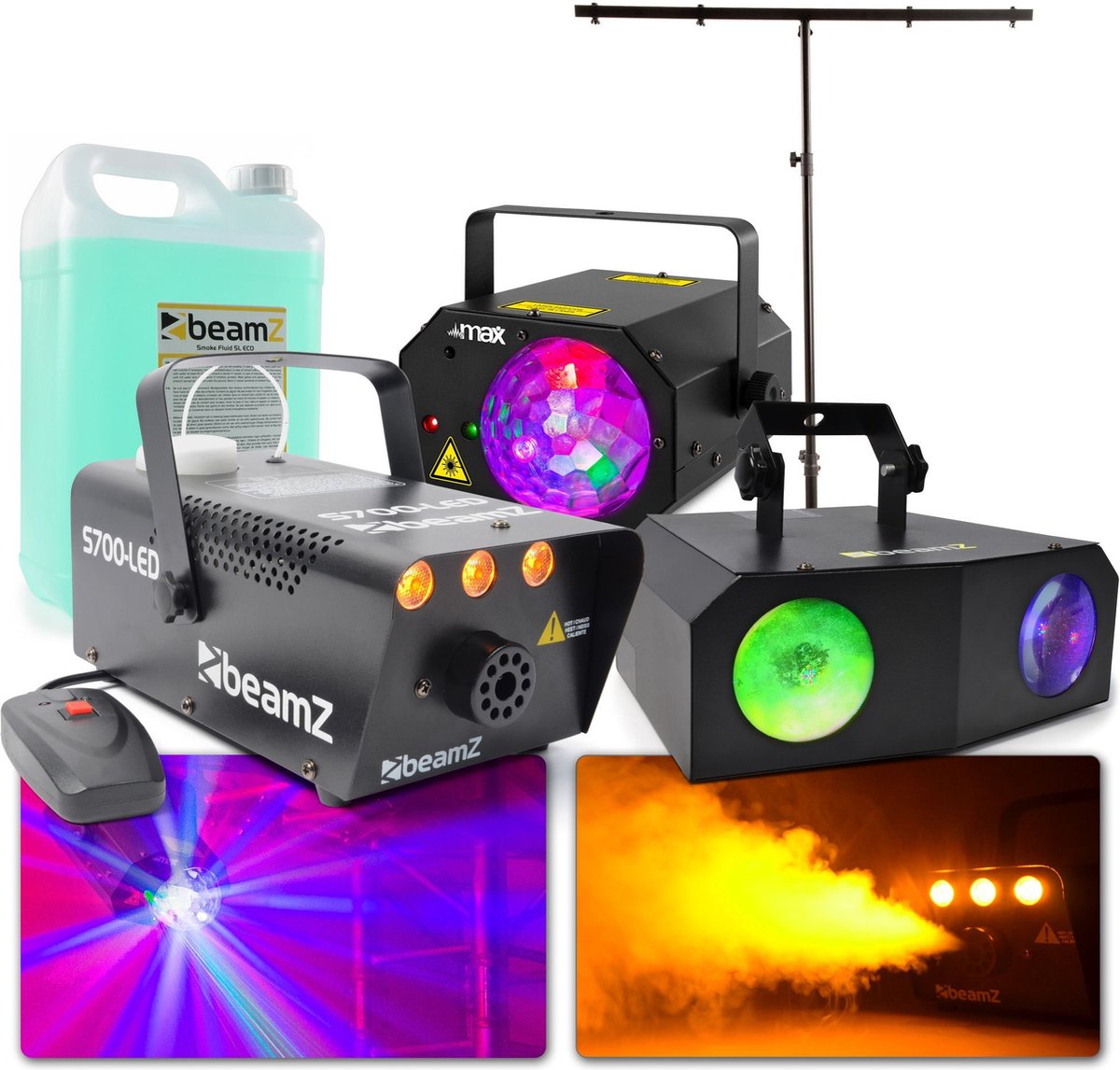 Feestverlichting - BeamZ Party pack XXL partyverlichting met laser, lichteffecten, rookmachine met rookvloeistof en lichtstandaard