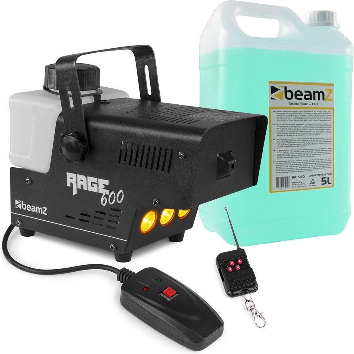 Rookmachine - BeamZ RAGE600LED met vlameffect en 5 liter rookvloeistof