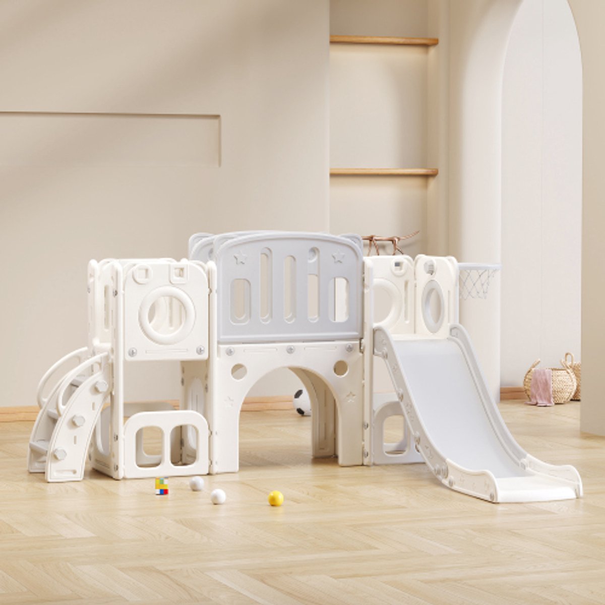   6-in-1 dia met een dia, twee platforms, twee vloerkaboon onderwerpen, basketbalmand en traphoogdichte polyethyleen (oceaanballen zijn niet inbegrepen