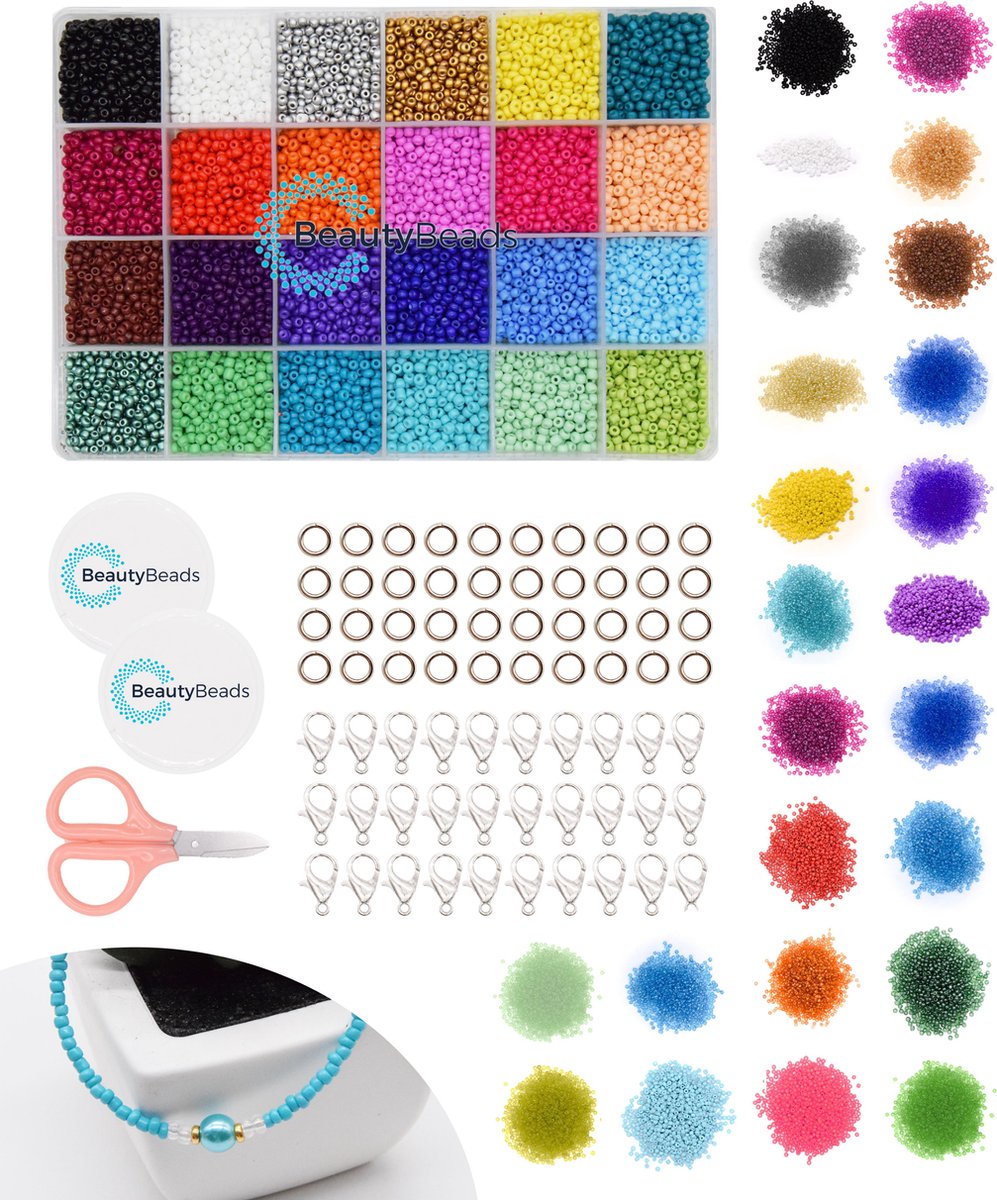 BeautyBeads BB107-2mm – Knutselen en Sieraden Maken – Knutsel Sieradenpakket met 24000 Glaskralen – Uitgebreide 24-Kleurige Glaszaad Hobbypakket – 2mm Kralen