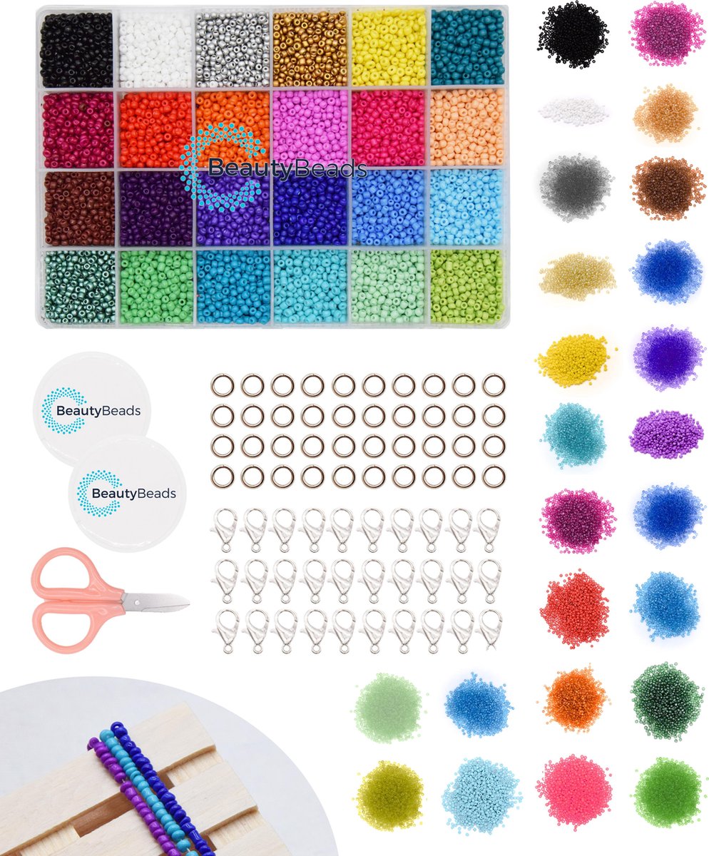 BeautyBeads BB107-3mm – Knutselen en Sieraden Maken – Knutsel Sieradenpakket met 12000 Glaskralen – Uitgebreide 24-Kleurige Glaszaad Hobbypakket – 3mm Kralen