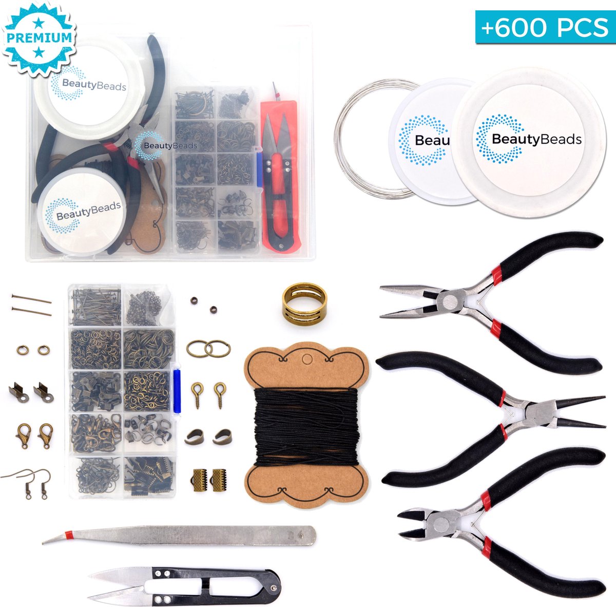 BeautyBeads Compleet Sieradenpakket – Uitgebreide Juwelen Kit met Messing Onderdelen en Gereedschap – Zelf Juwelen Maken met +600 Onderdelen – Doe Het Zelf Armbanden/Kettingen/Oorbellen – BB003 Messing