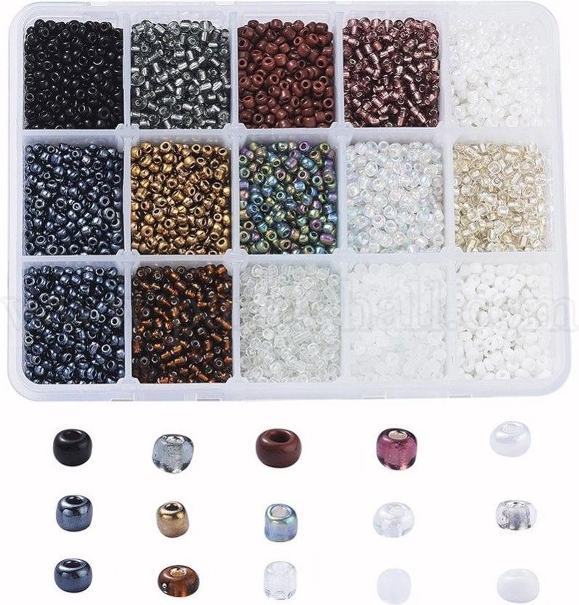 BeautyBeads Kralen Set – 3mm Glaskralen Doosje - Meer dan 6500 Kralen in 15 Kleuren – Praktisch Opbergdoosje met Glaszaad in Neutrale Kleuren - BB202