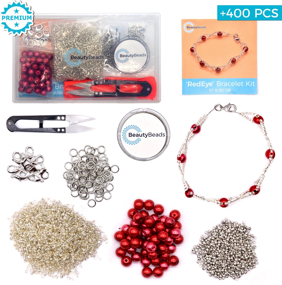 BeautyBeads REDEYE Armband Sieradenpakket – Uitgebreide Juwelenkit met Kralen en Gereedschap – Zelf Juwelen Maken met +400 Onderdelen – Doe Het Zelf Kalsketting Kit BB103