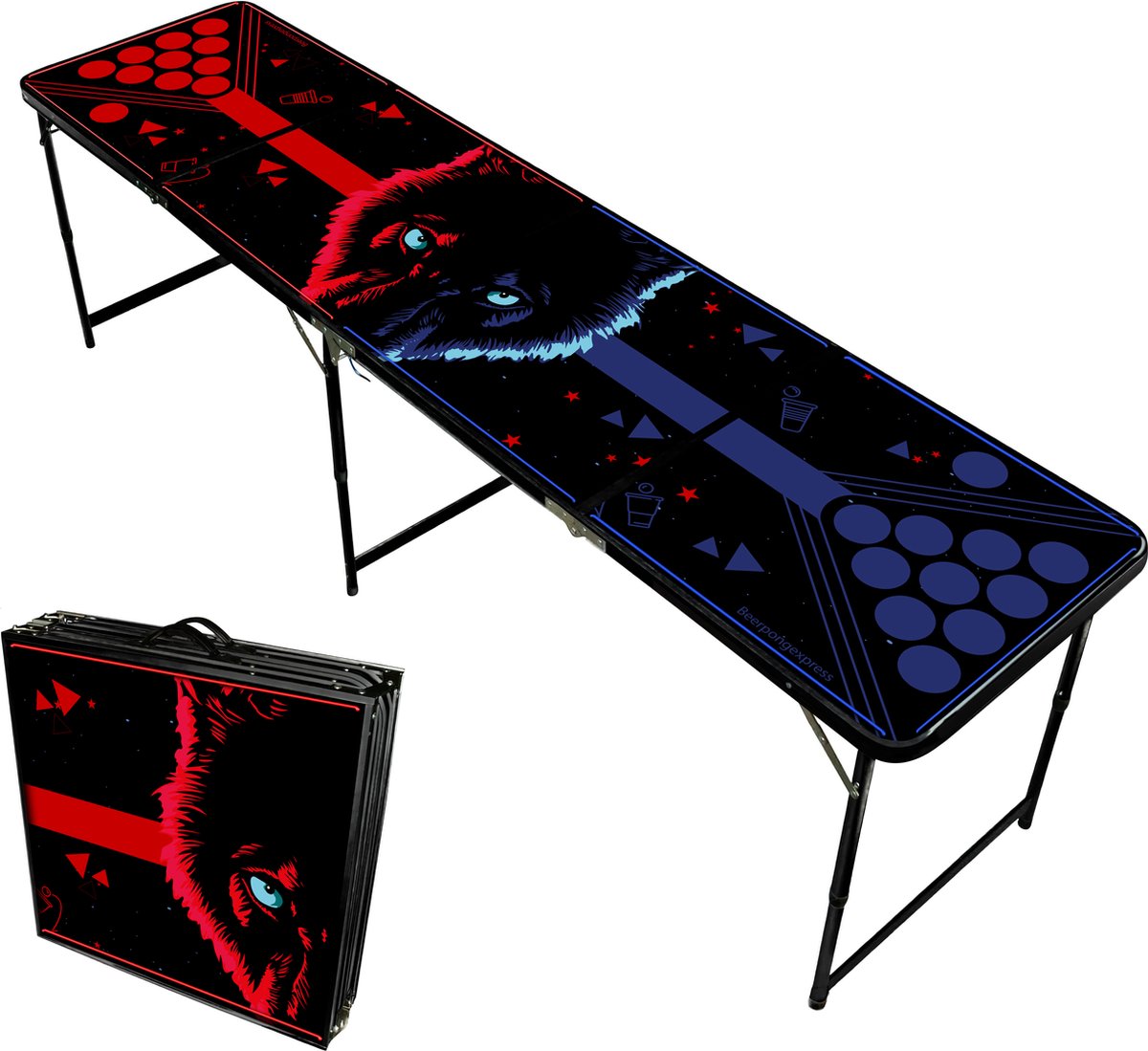   - Beer Pong Tafel - Zwart frame - Bierpong - Wolf - LED verlichting - Inklapbaar