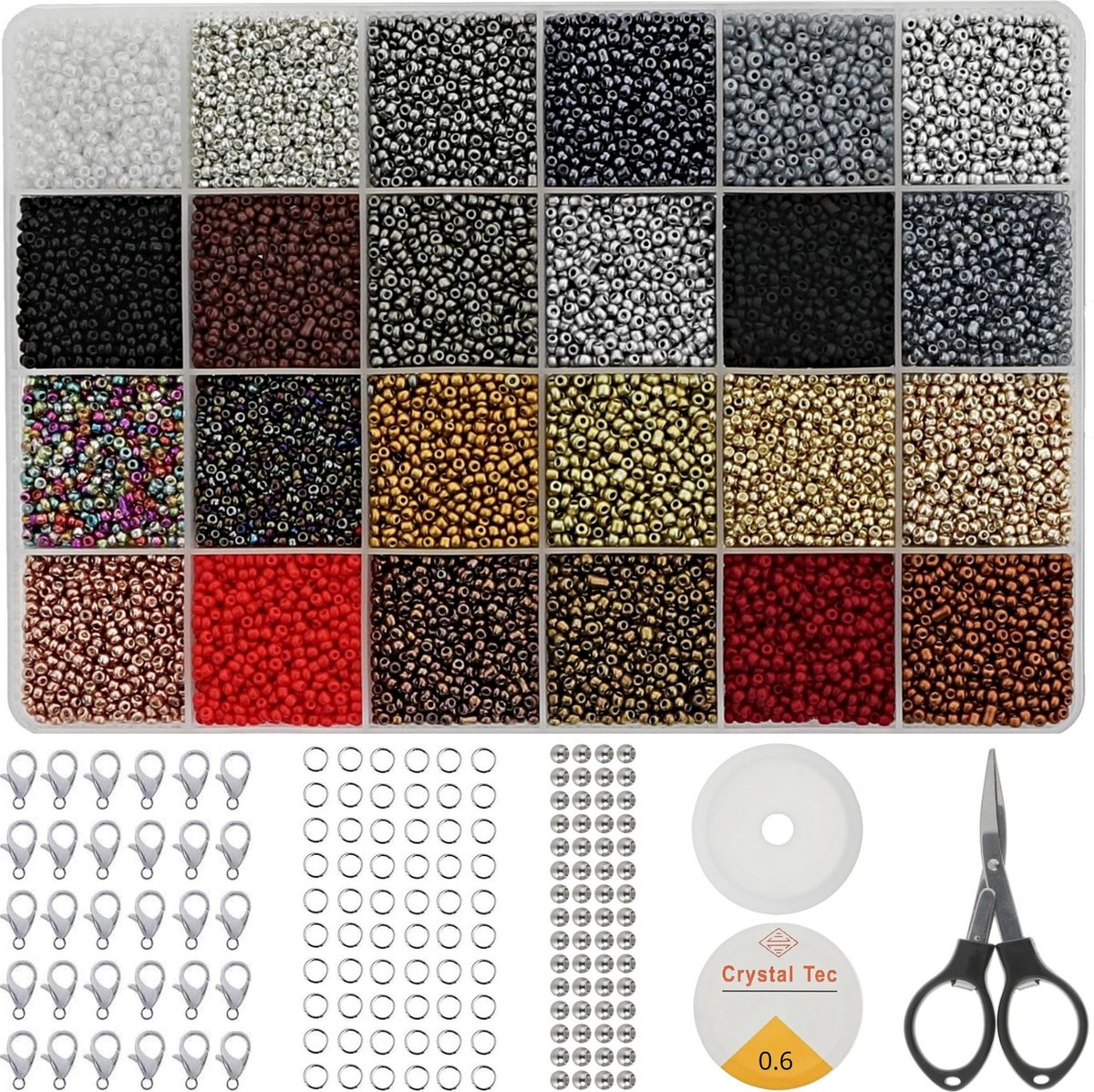 Behave 24000 Glaskralen Set - Luxe Kleuren - Kralen Set - Rocailles - Bedels - 30 Karabijnhaken - 60 Knijpkralen - 60 Springringen - 2 Draden - Schaar - 24 Kleuren - 2mm