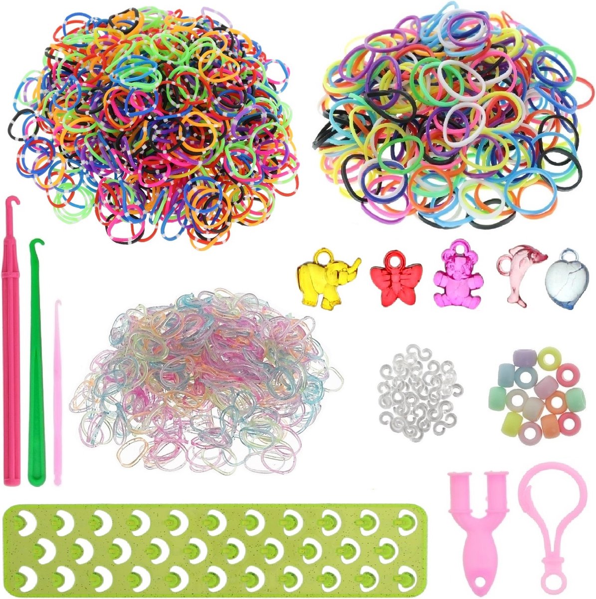   600 Loombandjes Starterspakket met 600 Loom Elastiekjes Multi kleur +1 glitter loombord + 2 Weefhaken + 40 S-clips + 12 Hangertjes + 60 Kraaltjes