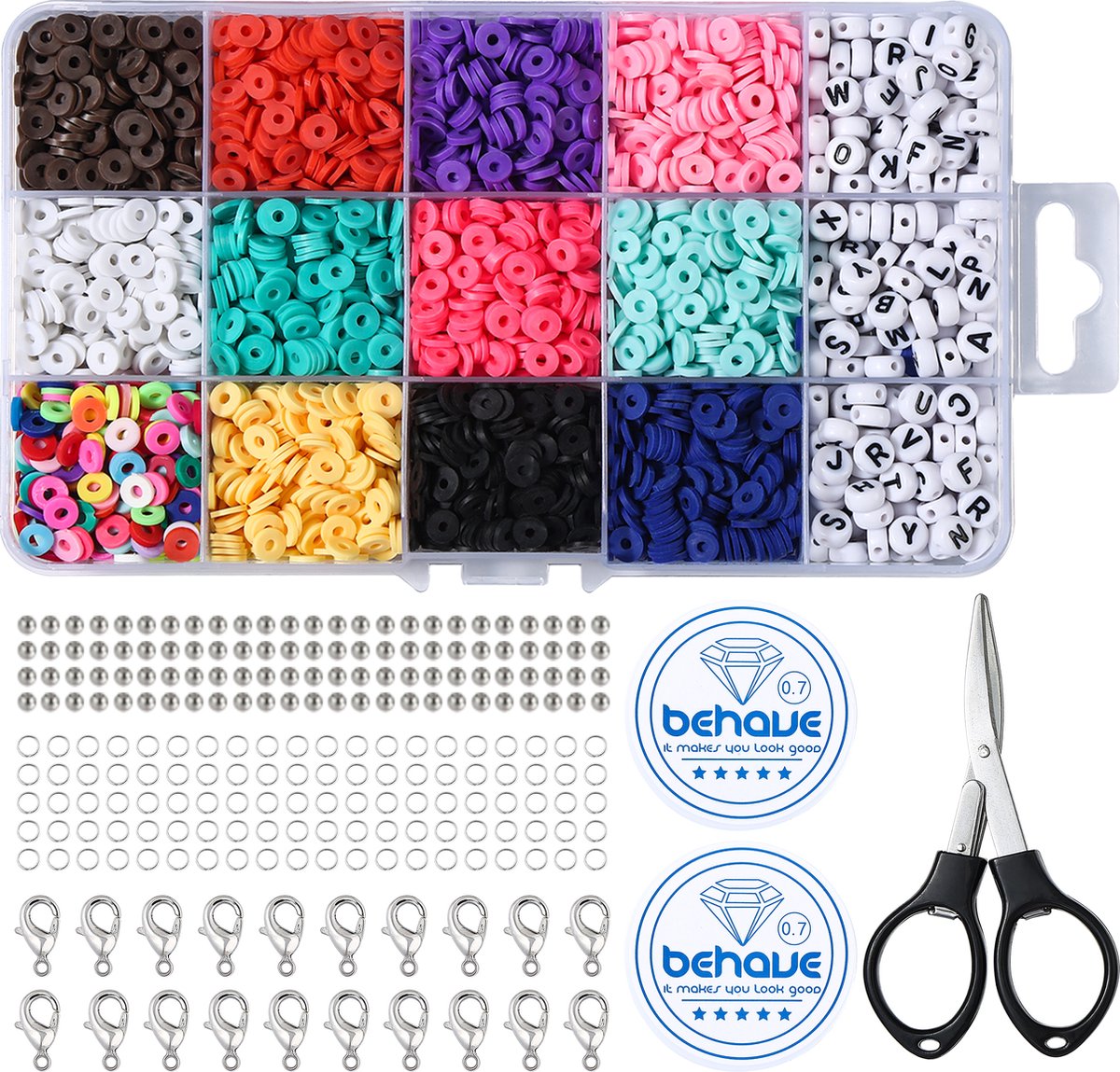 Behave Katsuki Kralen Set met Accessoires - Knutselen Meisjes - Polymeer kralen - Kralenset - Platte kralen - Letterkralen - 15 Vakjes - 12 Kleuren - 6mm