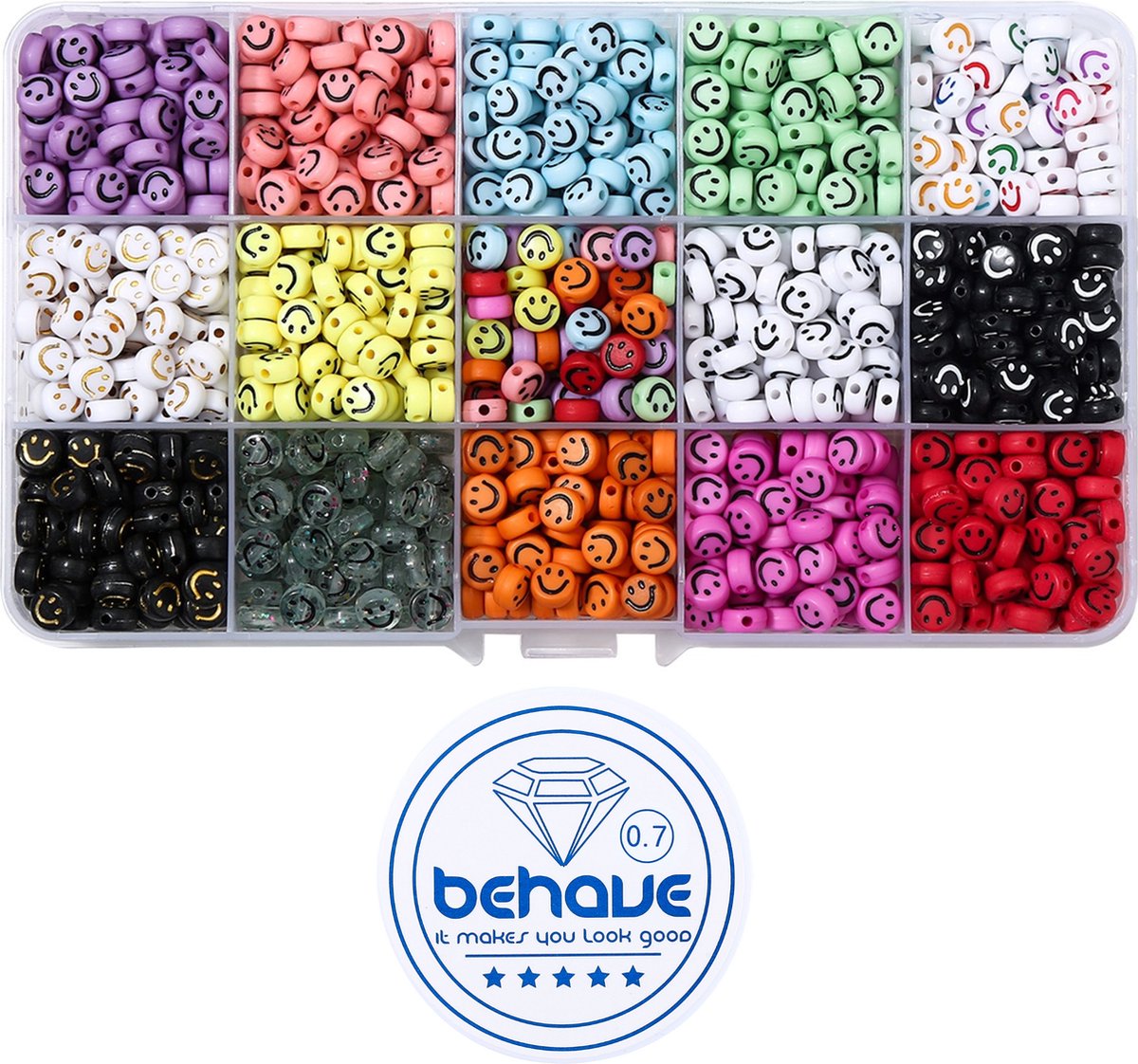 Behave Smiley Kralen Set - Emoji Kralen - DIY Sieraden maken - Rijgdraad - 15 Kleuren - 7x4mm - 80 Kralen per Kleur - Totaal 1200 Stuks